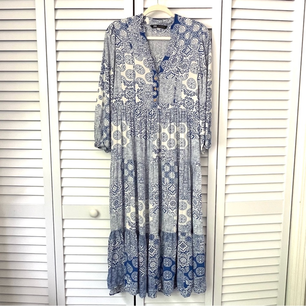 Zara Blue White Floral Maxi Midi Dress Size medium Sleeve Boho Cottage